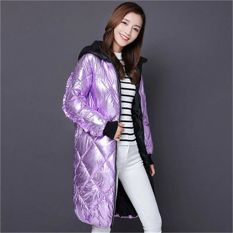 purple Модная яркая с капюшоном куртка с металлическим украшением золотистого и серебряного цветов Женская зимняя теплая длинная парка с хлопковой подкладкой новая куртка-бомбер уличная парка - Цвет: purple