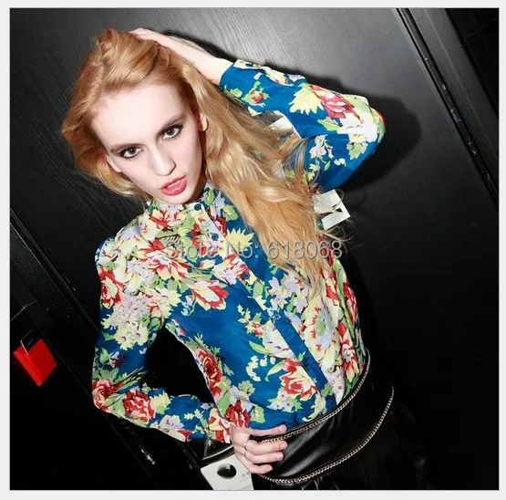 Весна и осень женщины в шифон рубашка цветы печать приталенный длинный рукав