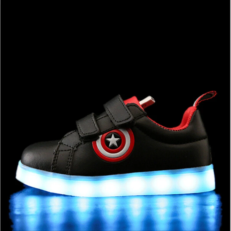 YPYUNA Captain America Children Shoes Light Led luminous Sneakers Boys Girls USB Charging Sport Casual For Kids Glowing | Детская одежда