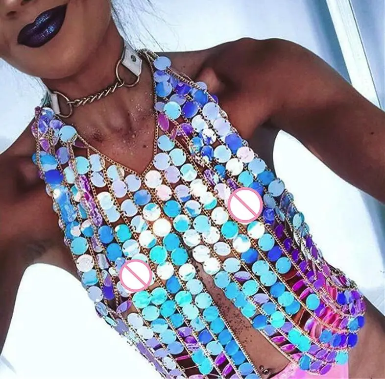 Blue Сексуальные короткие топы с металлической цепочкой, женские летние блестящие Открытые Рубашки с пайетками, женские укороченные блестящие Роскошные вечерние топы на бретельках для ночного клуба - Цвет: Blue