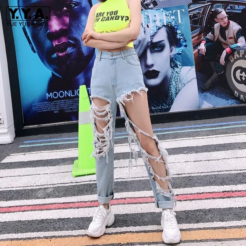 Harajuku женские высокие уличные рваные Дырчатые джинсы летние новые с высокой талией мешковатые хип-хоп женские джинсовые брюки повседневные брюки