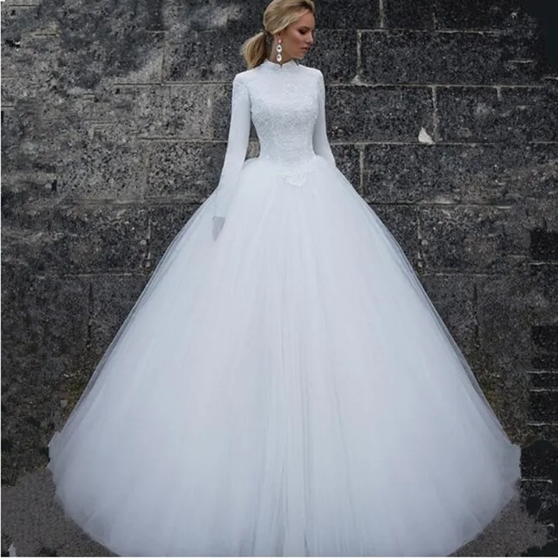 С высоким воротом, Vestido De Noiva молния Стиль спиной и длинным рукавом на свадьбу официальное платье; обычай сделал всех Размеры Кружевное Вечернее бальное платье свадебное платье