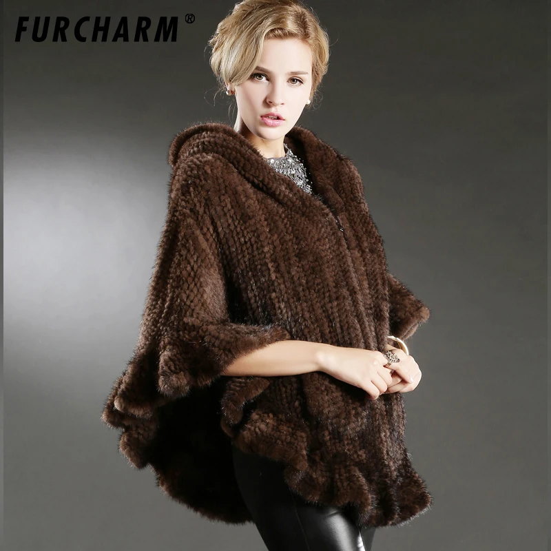 Новинка 2019 натуральная Вязаная Шаль из меха норки пончо с отделкой лисы куртка