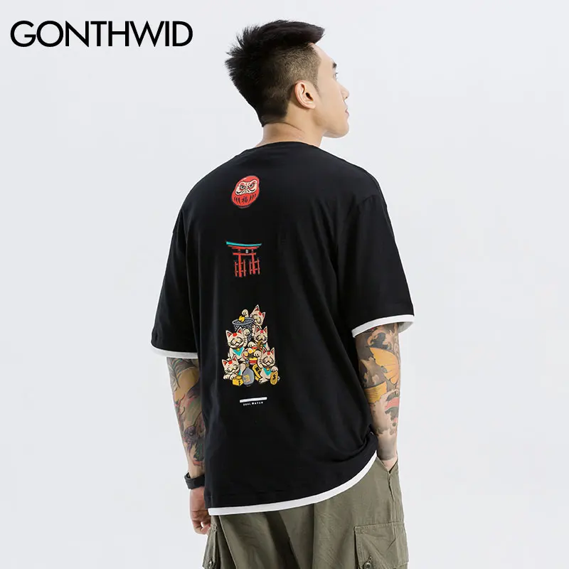 GONTHWID Ложные 2 шт. Lucky Cats печати уличная футболки лето Harajuku Повседневная Уличная одежда, футболки мужские с коротким рукавом топы