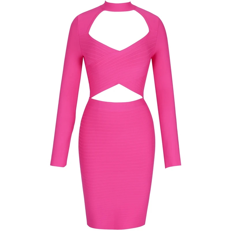 Женское Бандажное платье с длинным рукавом розовое облегающее для клубной