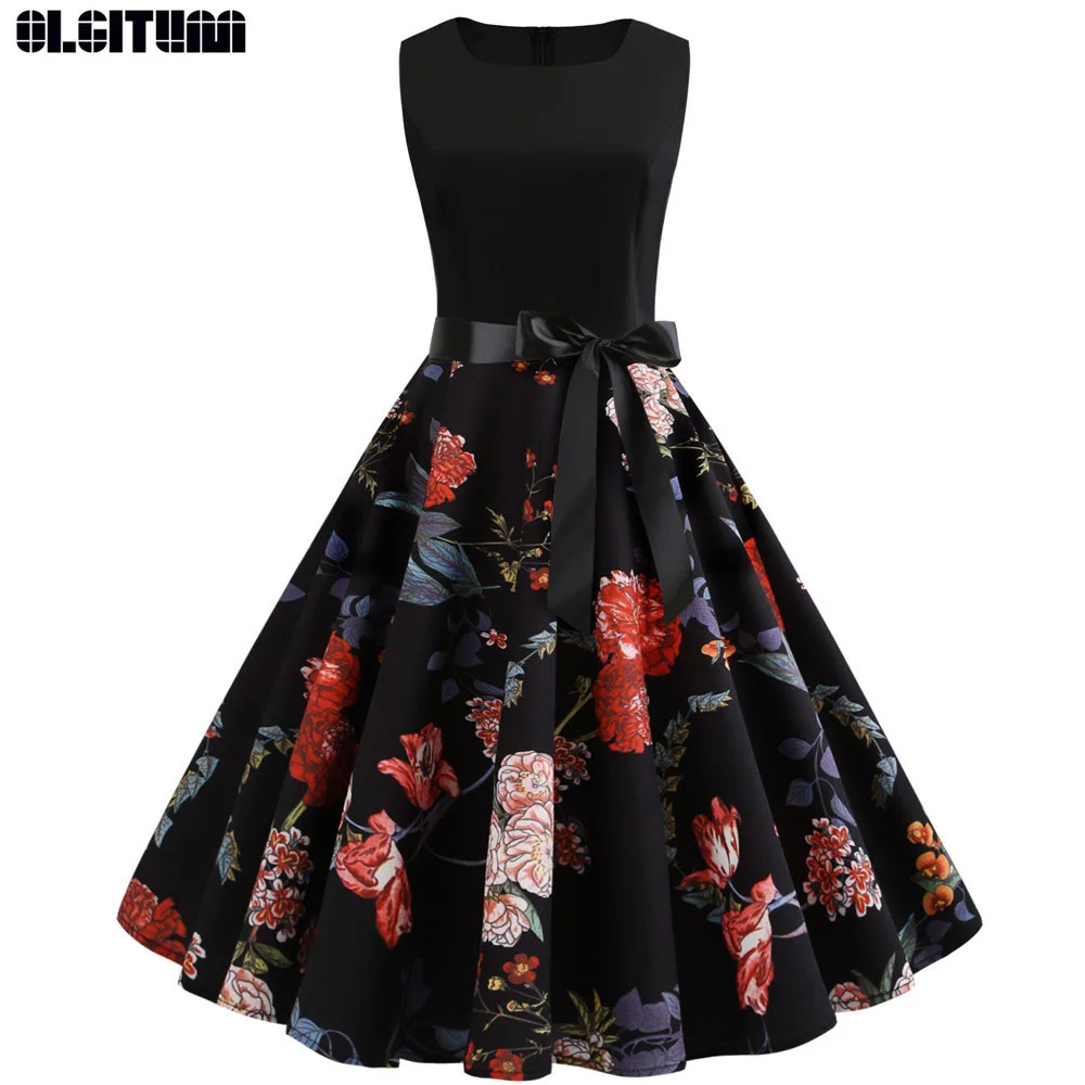 

New 2020 Summer Dress Women Sexy Party Ball Print Robe Femme Sleeveless Waist Belt Vintage Ladies Hepburn Style Dress DR920