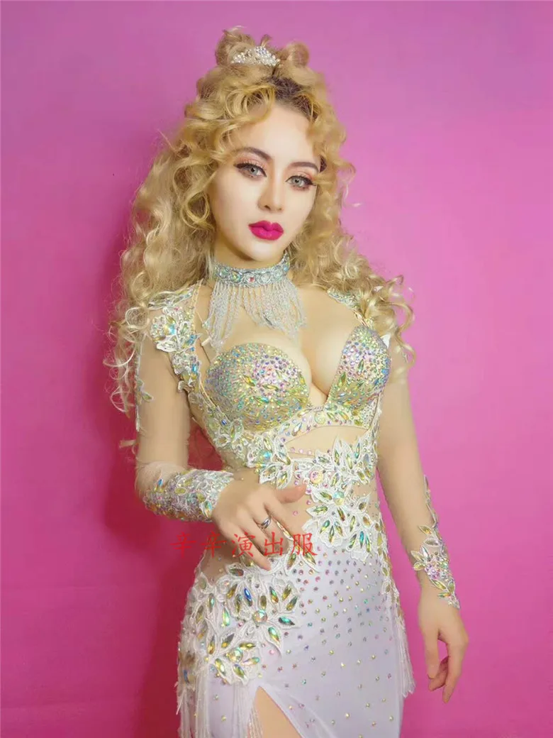 

Ds Dj Dres Shining Sequins Tassel Sleeves Bodysuit Crystals Outfit Female Singer Dance Stage Bright Leotard Costume Party Dress