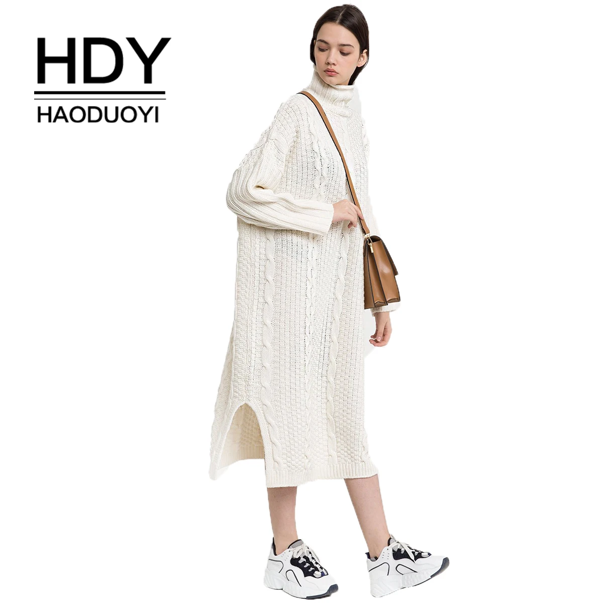 Женское платье с высокой талией HDY Haoduoyi белое трикотажное длинным рукавом и