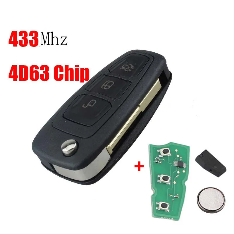 4D63 Chip BHKEY 433 МГц 3 кнопки дистанционного ключа автомобиля для Ford 4D60/4D63 чип для Ford Focus Mondeo1999-2007 FO21 лезвие ключи автомобиля - Количество кнопок: 4D63 Chip