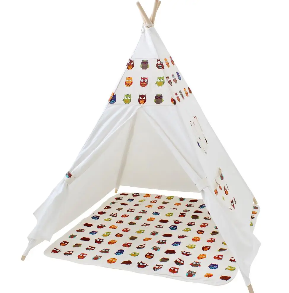 Tent with Mat Мультяшная игрушечная палатка для детей Wigwam, детский игровой домик для помещений и улицы, игровая Вигвама, декор детской комнаты, 4 полюса, фото - Цвет: Tent with Mat