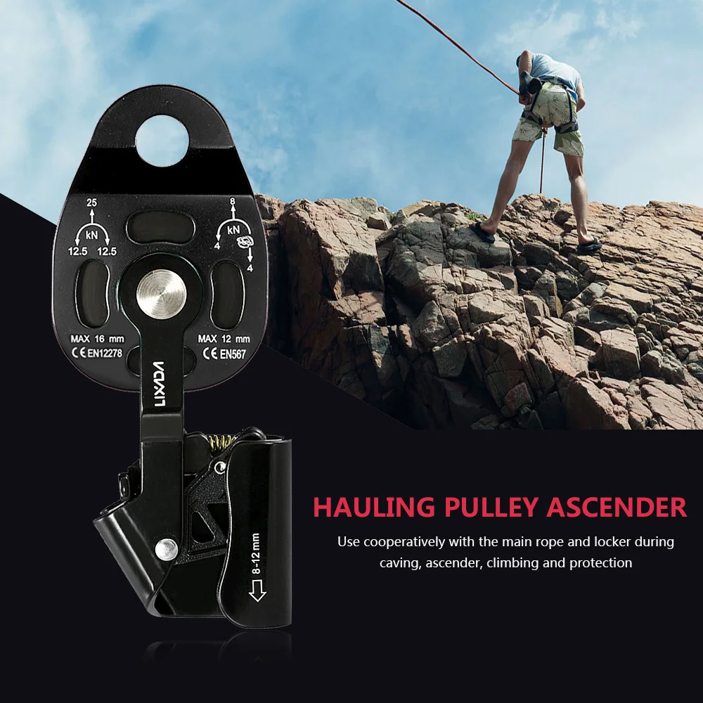 Lixada Ascender 25KN Hauling Pulley 8-12MM Rope Slackline Aerial Rescue Protective Rock Climbing Cam Process Capture | Спорт и