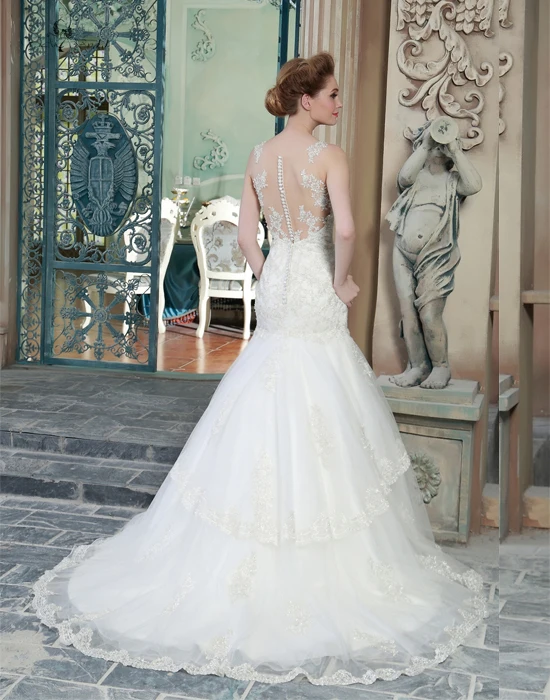 Длинные Русалка Свадебные Платья 2016 Аппликации Sheer Свадебное Платье Casamento