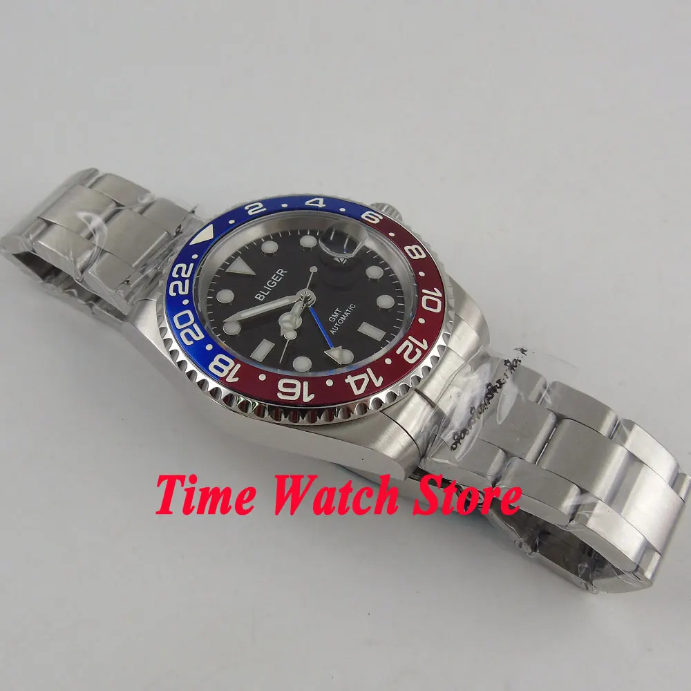 40 мм черный циферблат Светящийся синий GMT ручной сапфировое стекло