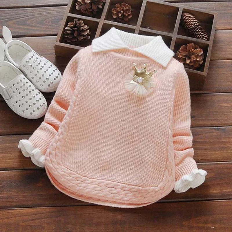 Трикотажный свитер с длинным рукавом и отложным воротником для девочек | Мать