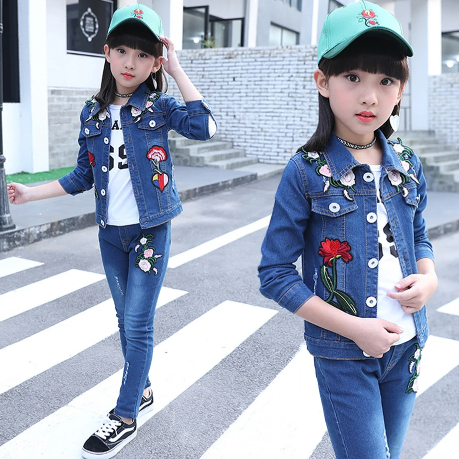 Autumn Winter Clothes For Girls Denim Jackets + Flower Embroidery Pants 2PCS Outfits Teenage Kids Clothing 6 8 10 12 13 14 | Мать и