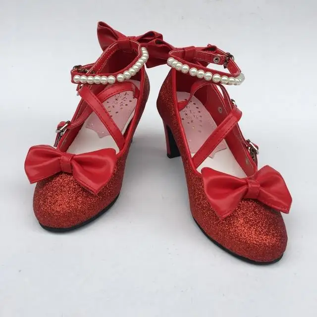 Glitter Red Antaina/вечерние блестящие туфли в стиле Лолиты; милые туфли в стиле Лолиты на тонком каблуке 6,3 см с элегантным бантом; цвет розовый - Цвет: Glitter Red