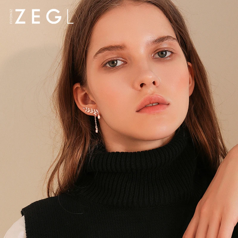 Женские асимметричные серьги ZEGL Стерлинговое Серебро в виде листьев Корейском