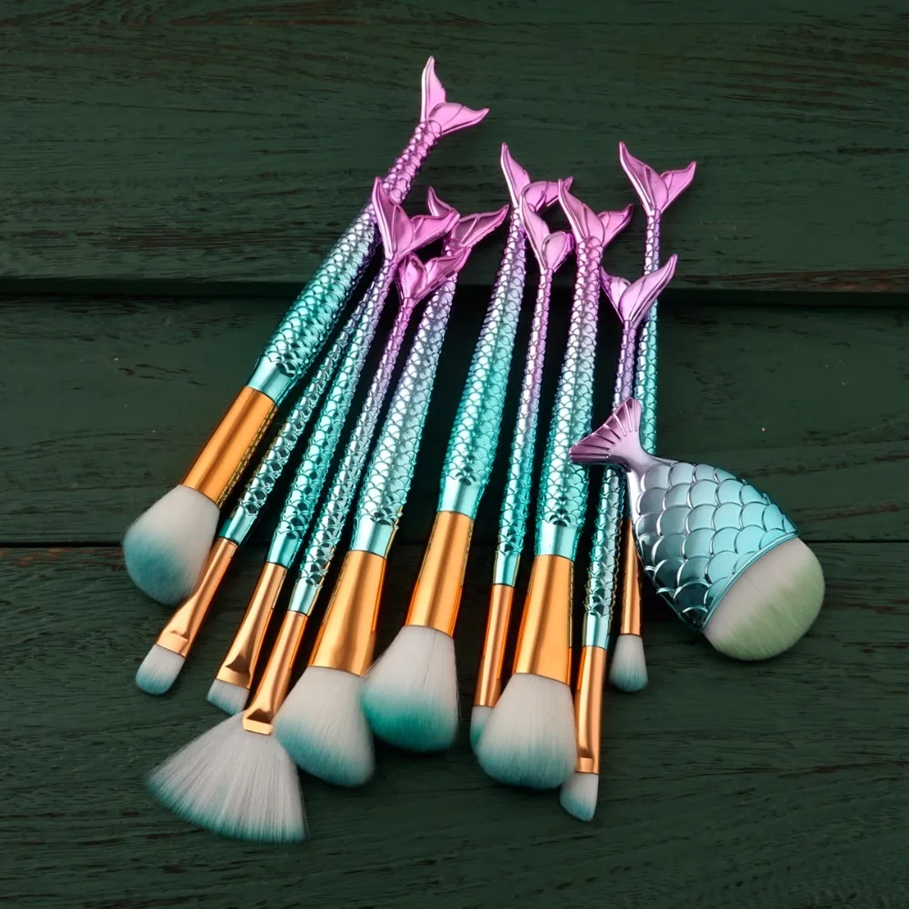 2019 Hot Sell Big Size Mermaid Makeup Brushes Fan Powder Brush Foundation Soft Hair Art Tools For Women 11pcs/set FreeShipping | Красота и