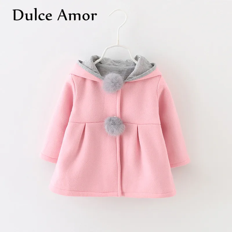 Розовый Dulce Amor/куртка для маленьких девочек; одежда; сезон осень-зима; теплое пальто с капюшоном и заячьими ушками; милый меховой шарик; Верхняя одежда для маленьких девочек - Цвет: Розовый