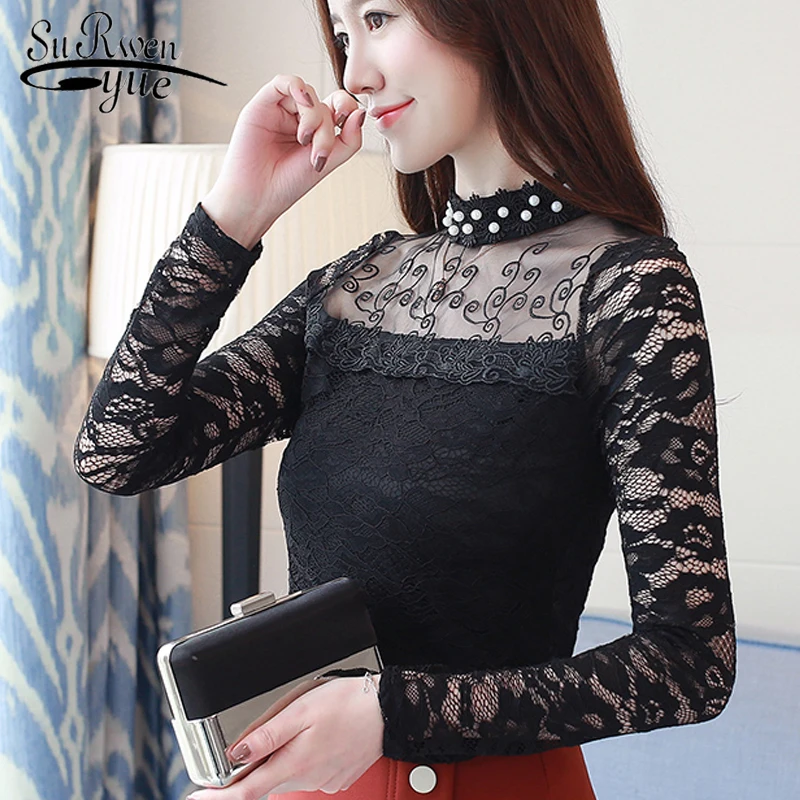 Blusas mujer de moda 2019 осенне-зимняя женская кружевная основа рубашка корейского стиля с