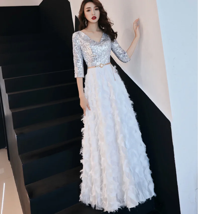 Серебристый Элегантное вечернее платье с блестками, vestidos Verano, новинка, Сетчатое подиумное платье, официальное вечернее платье с перьями и кисточками, женское платье - Цвет: Серебристый