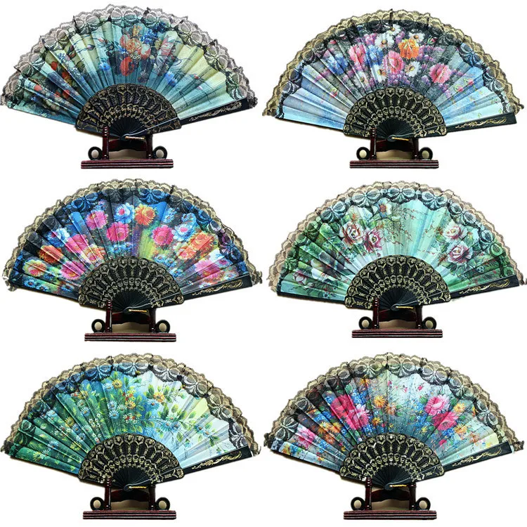 

Spanish Flower Floral Fabric Lace Folding Hand Dancing Wedding Party Decor Fan 100 pcs/lot DHL free shipping
