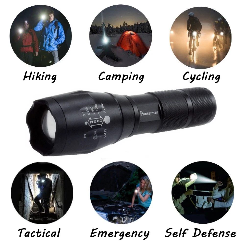 

5200 Lumens 5-Mode XM-L T6 LED Flashlight Zoomable rechargeable Focus Torch by 1*18650 or 3*AAA