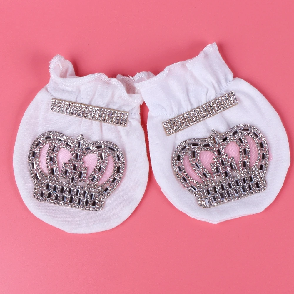 0-3 Month Newborn Baby Gloves Cotton White Color Rhinestone Crown Boy Mitten Baby Anti Scratching Gloves and Mittens