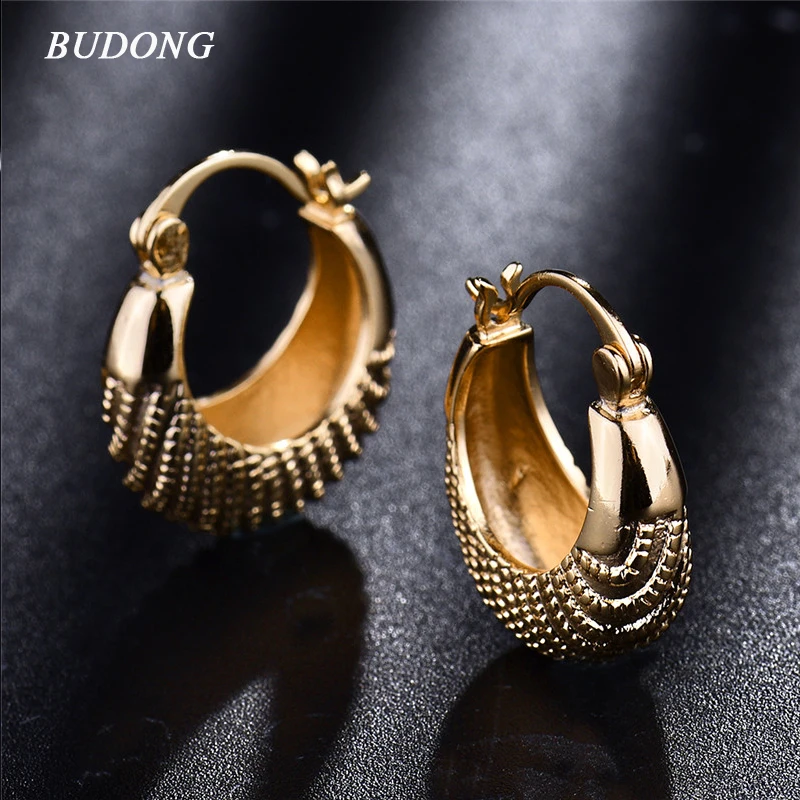 Женские золотистые серьги кольца BUDONG с текстурой в виде корзина круглые