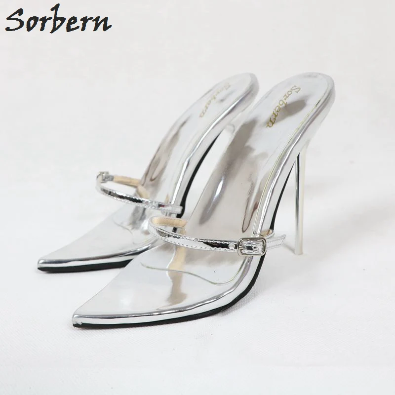 Sorbern/новые серебристые шлепанцы на каблуке 12 см, 14 см, 16 см женские пряжки на тонких ремешках, изготовленные на заказ, серебряные женские шлепанцы, вечерние туфли