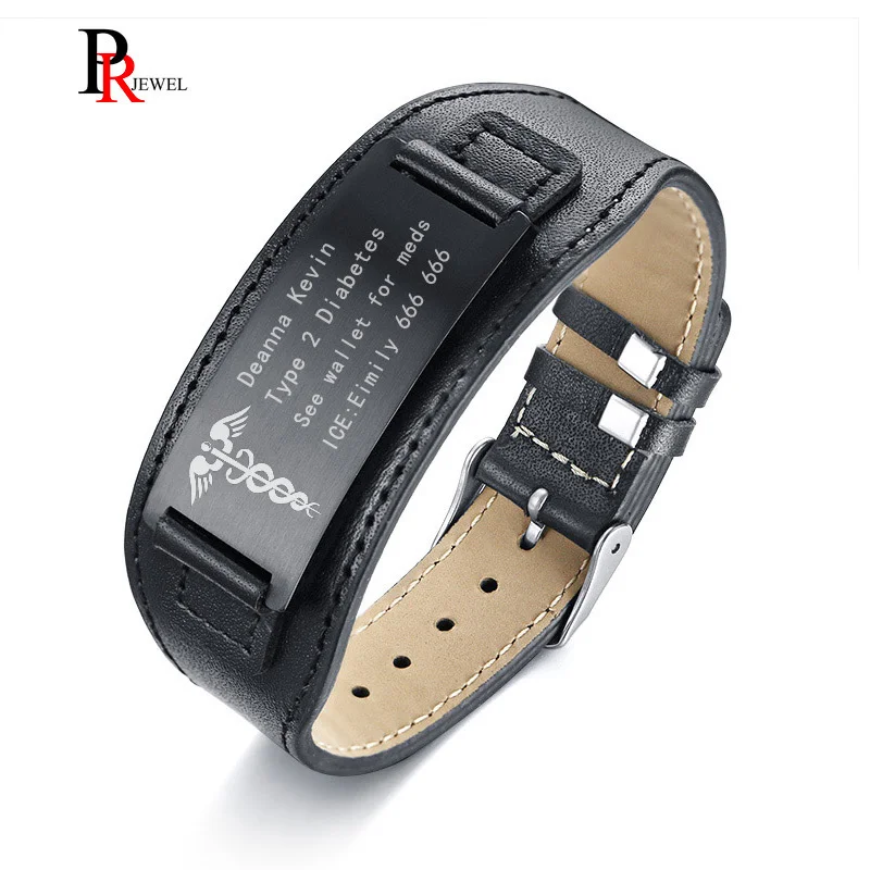 

Medical Alert ID Bracelets for Men Genuine Leather Wrap Bracelet 6.69"-8.66" Personalize Free Engrave Name Disease ICE Info