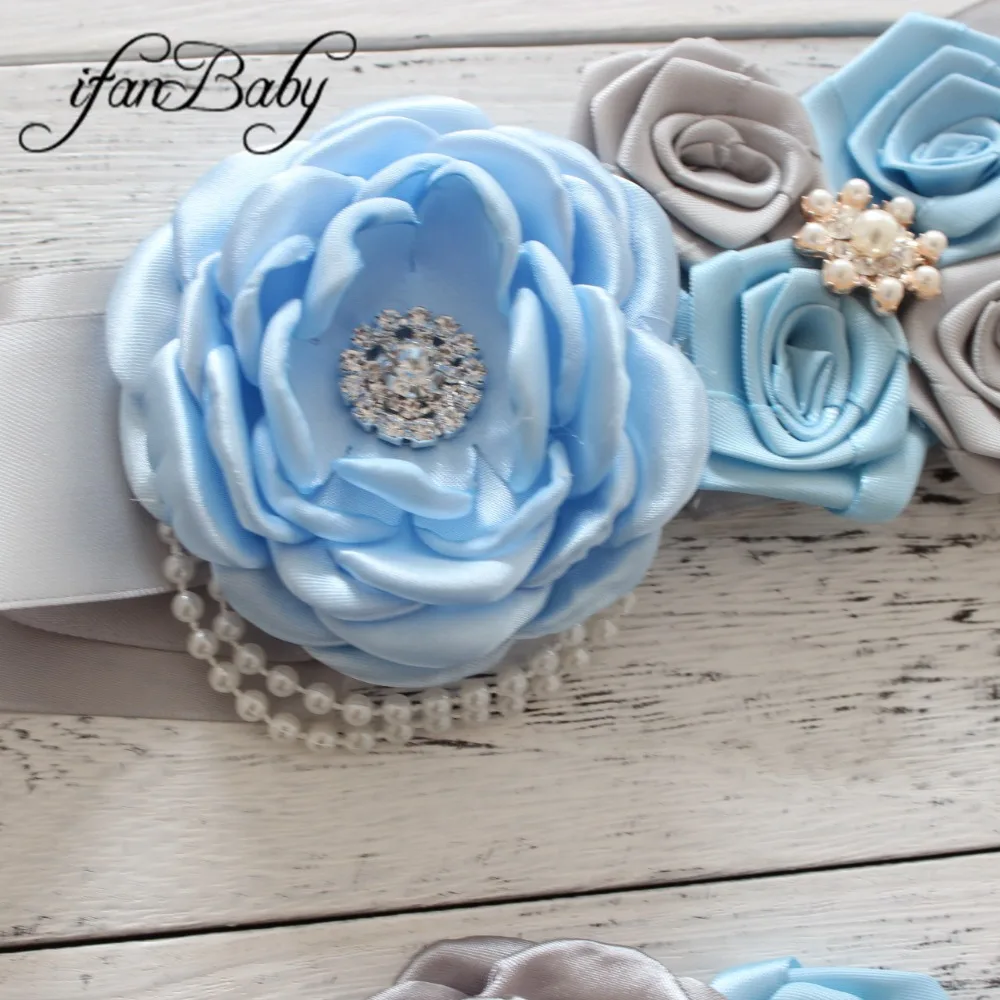 Grey/Blue women belt girl flower sash wedding Sash matching Rose burn fabric headband 1 SET | Аксессуары для одежды