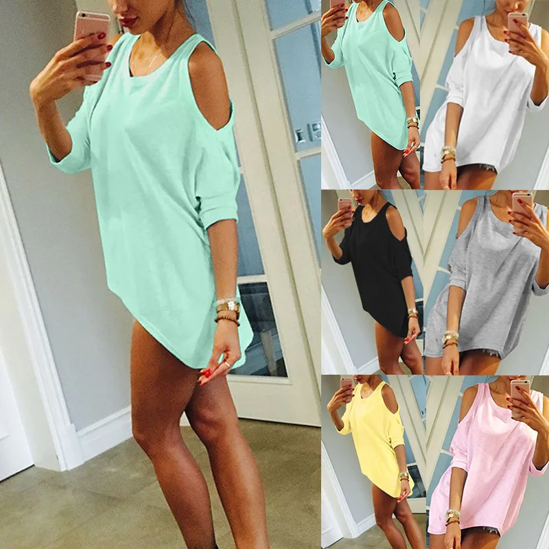 Женская футболка с рукавом до локтя открытыми плечами|loose top|top casualcasual tee |
