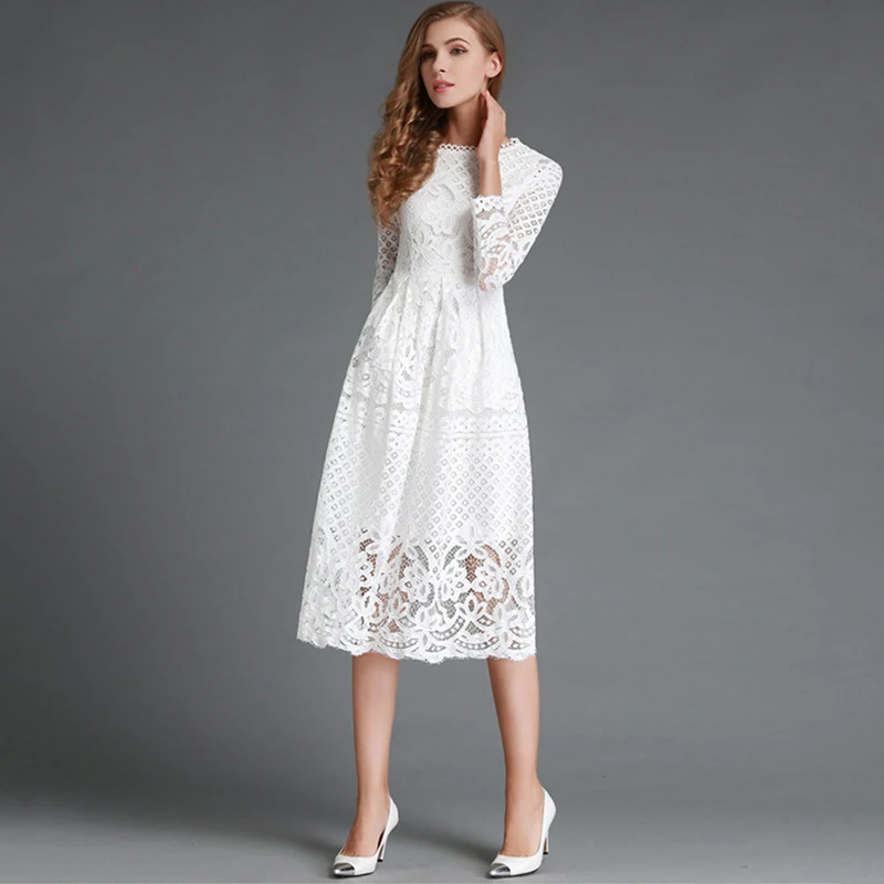 Весенние женские кружева выдалбливают Длинные платья Femme повседневная одежда