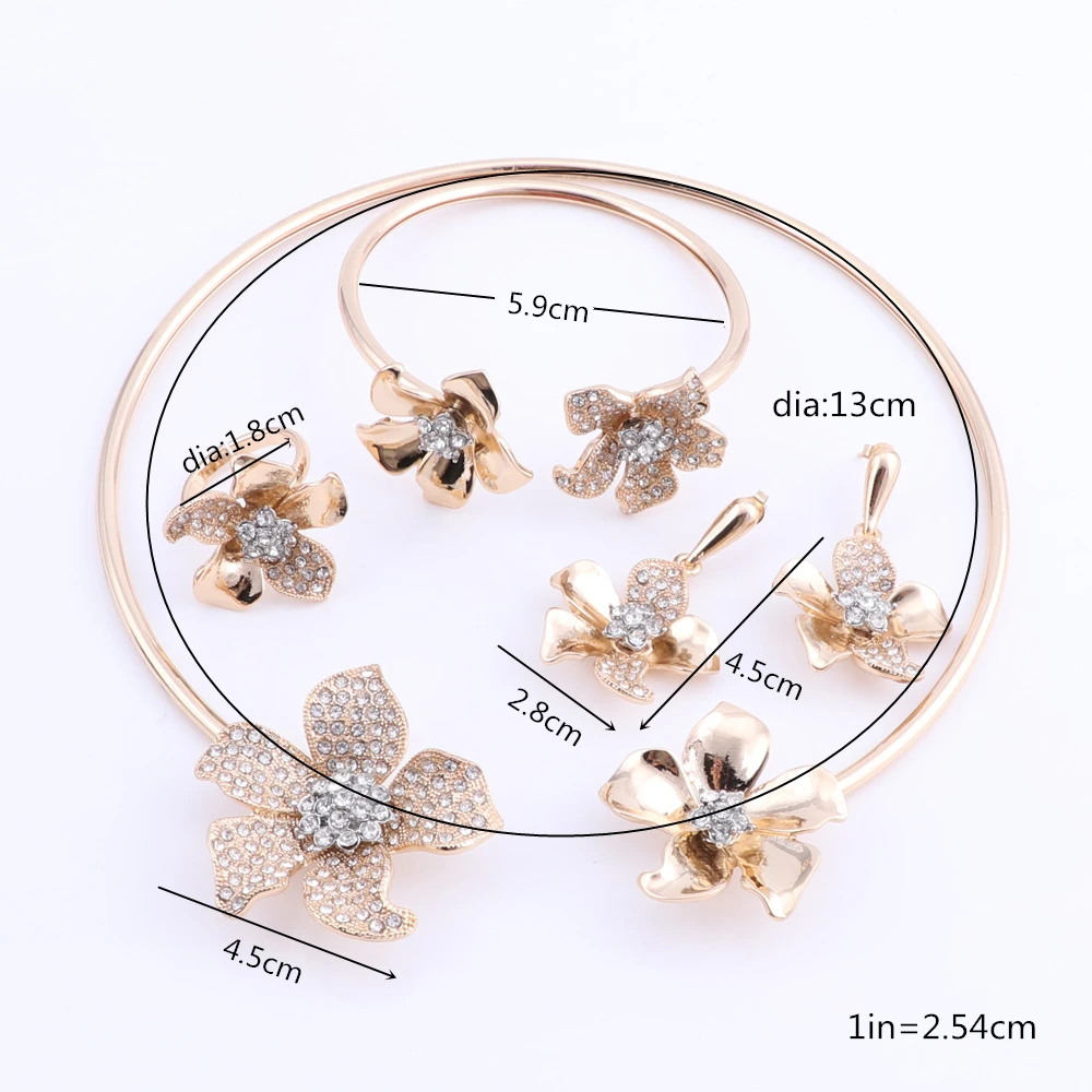 

OEOEOS Crystal Flower Women Choker Necklace Earrings Bracelet Ring Bridal Jewelry Set for Wedding Dress Accessories