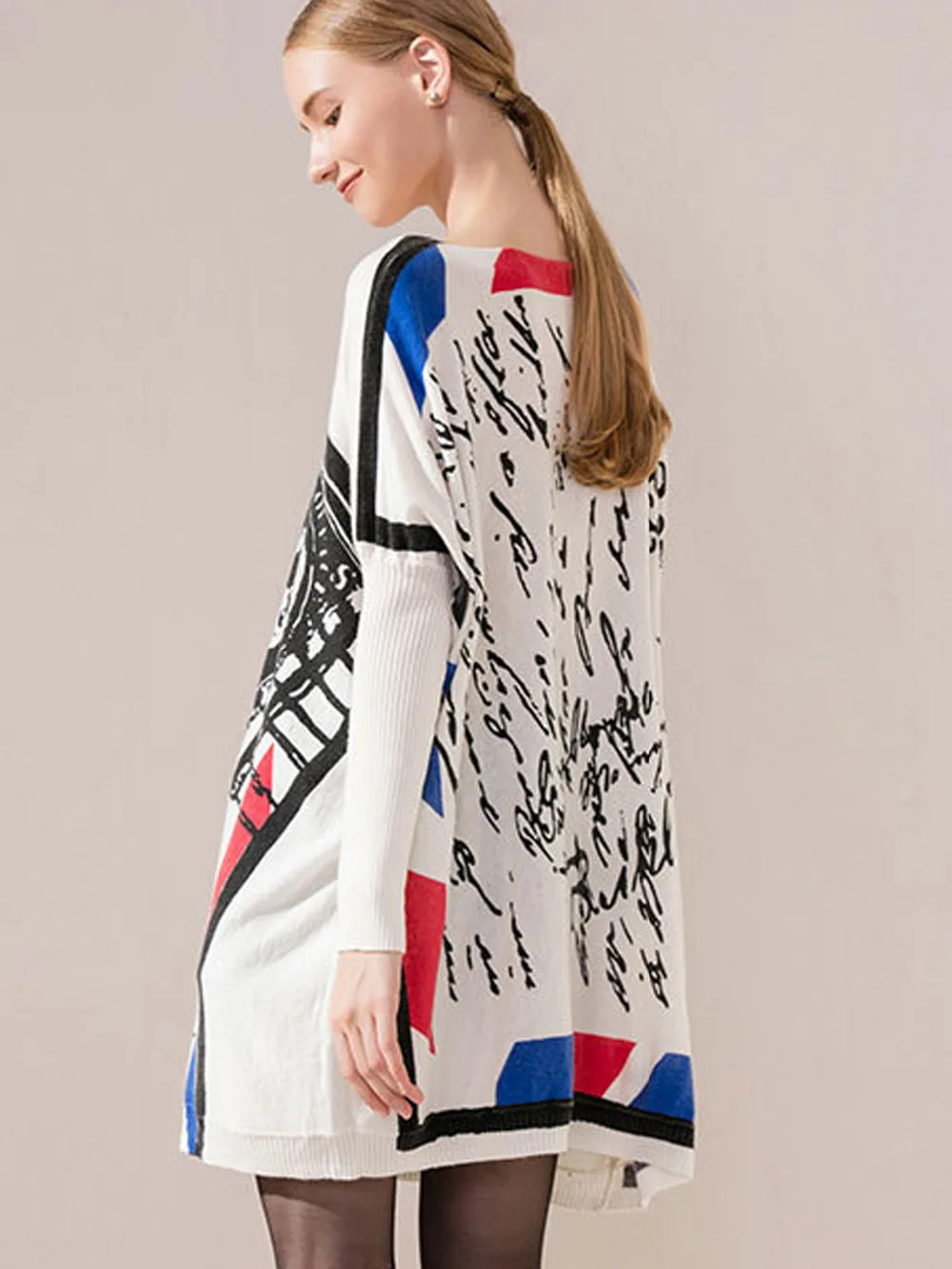 Новинка Женское шерстяное кашемировое платье-свитер с длинным рукавом и принтом