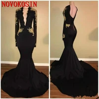 deep v neck mermaid black prom dress gold appliques 2019 long sleeve pageant arabic dubai formal long party gowns evening dress