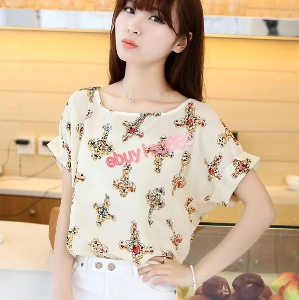 Sale New Women colorful Chiffon shirt batwing short sleeve prin Loose Blouses &amp shirts Tee Tops 2pcs/lot |