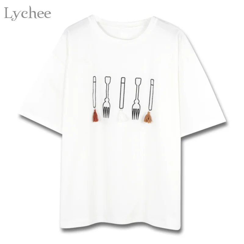 Lychee/симпатичная Женская летняя футболка с персонажами из мультфильмов посуда
