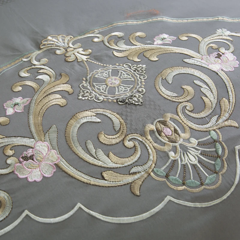 Роскошный хаки розовый синий серый Европейский цветы вышивка постельное белье из египетского хлопка набор пододеяльник простыня/льняной чехол для подушки
