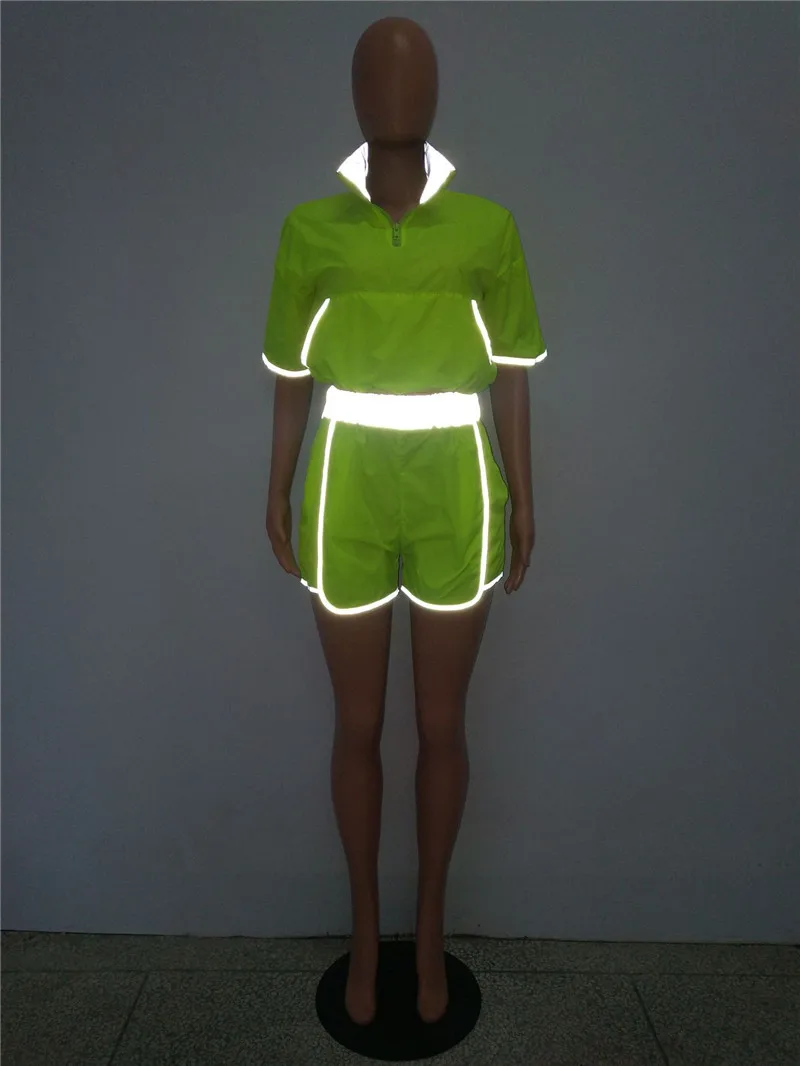 

Reflective Two Piece Sets Women Turtleneck Short Sleeve Top and Shorts Set Sexy Streetwear Club Outfits Tracksuit Matching Sets