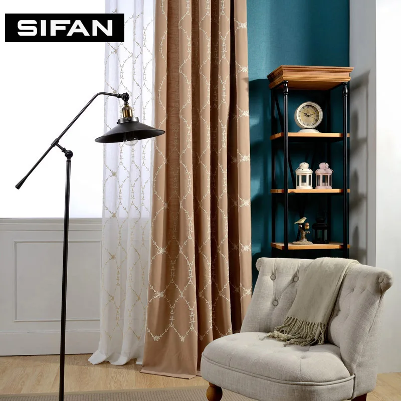 Корейские льняные занавески зеленого/кофейного цвета с вышивкой для гостиной