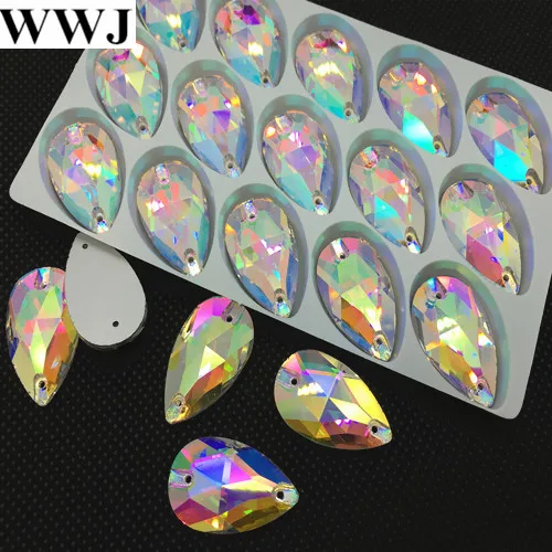 Стеклянные каплевидные пришивные камни всех размеров с 2 отверстиями прозрачные