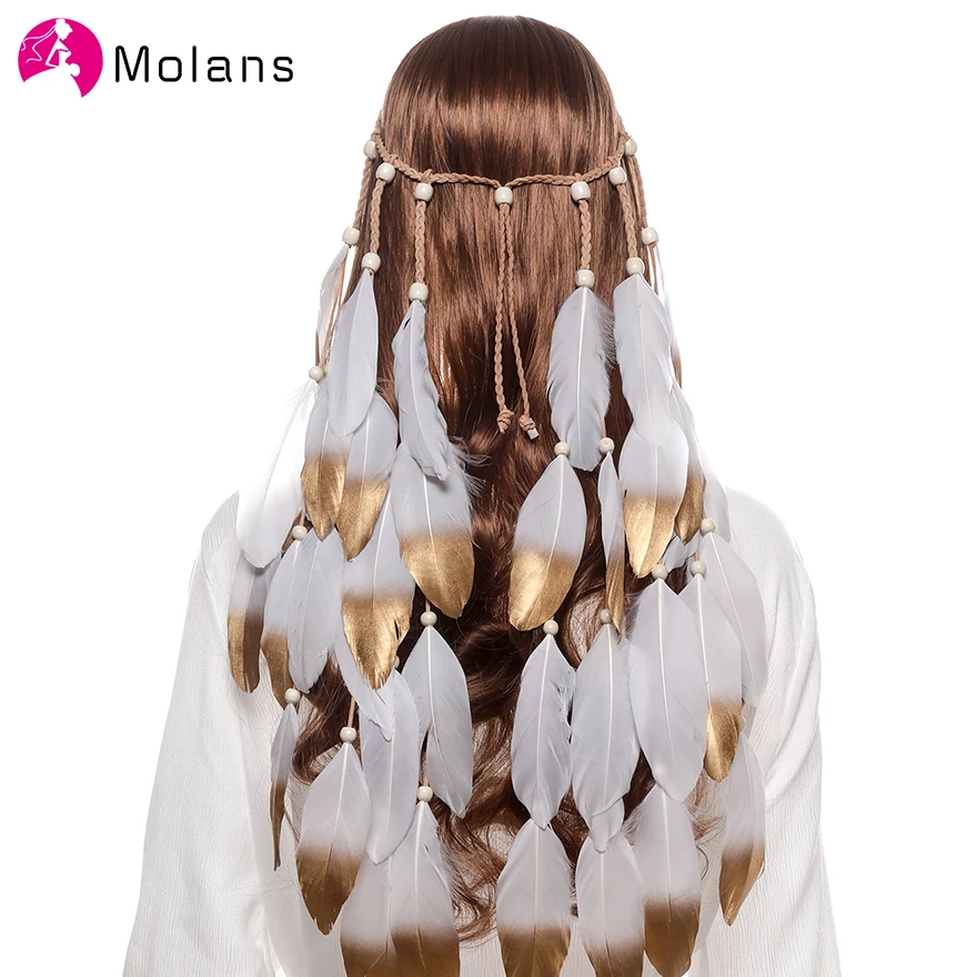 Моланс Уникальные белые и золотые обручи с перьями естественные перья Фестивальные амулеты Богемная свадебная женская повязка