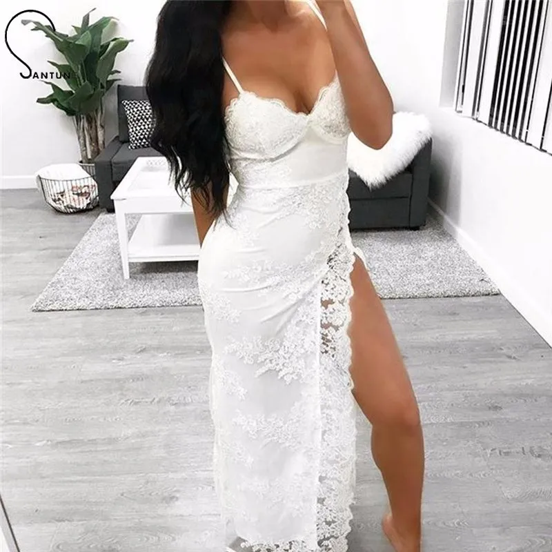 Santune 2018 Summer Sexy Sequins Embroidery Deep V Sleeveless Dress Fashion Women Cross Back Night Party Split Lace Dresses | Женская