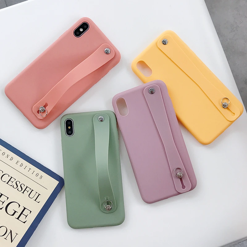 Силиконовый чехол для телефона с ремешком на запястье для iphone XR X XS Max 6 6S 7 8 Plus, мягкий ТПУ простой ремешок на руку, простой чехол с подставкой