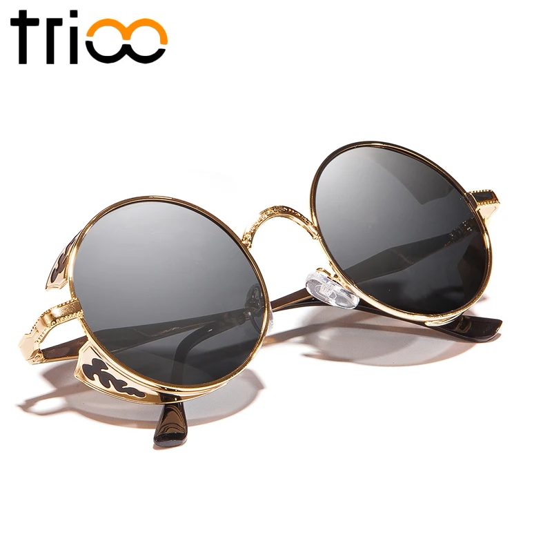 

TRIOO Round Steampunk Sunglasses Men Polarized Driving Sun Glasses for Men Metal Carving Punk Shades Driver Vintage Glasses Male