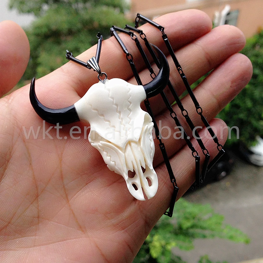 WT-N752 Newest Design Bone Carve Necklace Black Chain natural bone carved pendant with black gun plated chain necklaces | Украшения и