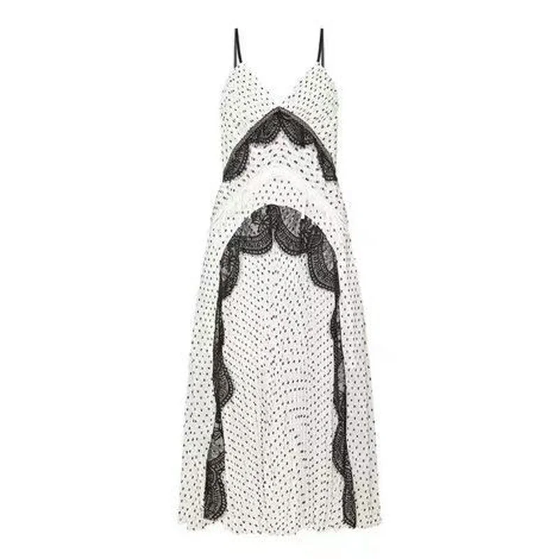 

New Self Portrait Dress Dots Printed Lace Patchwork Feminine Sexy Strap Hollow Out Waist Party Dresses 2019 Summer Long Vestido