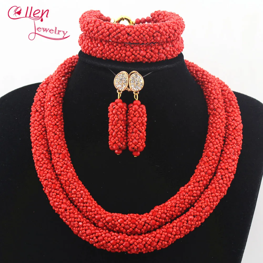 Crystal flower Nigerian Wedding African Beads Jewelry Set Handmade Indian Dubai Bridal Necklace Sets Bracelet Earrings N0028 | Украшения и